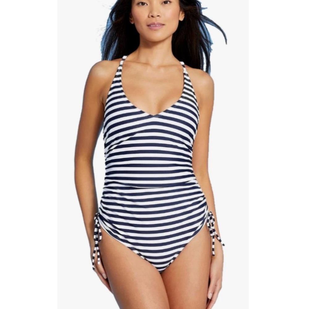 Kona Sol | Blue&White Striped One Piece Swimsuit V neck|SZ Small new